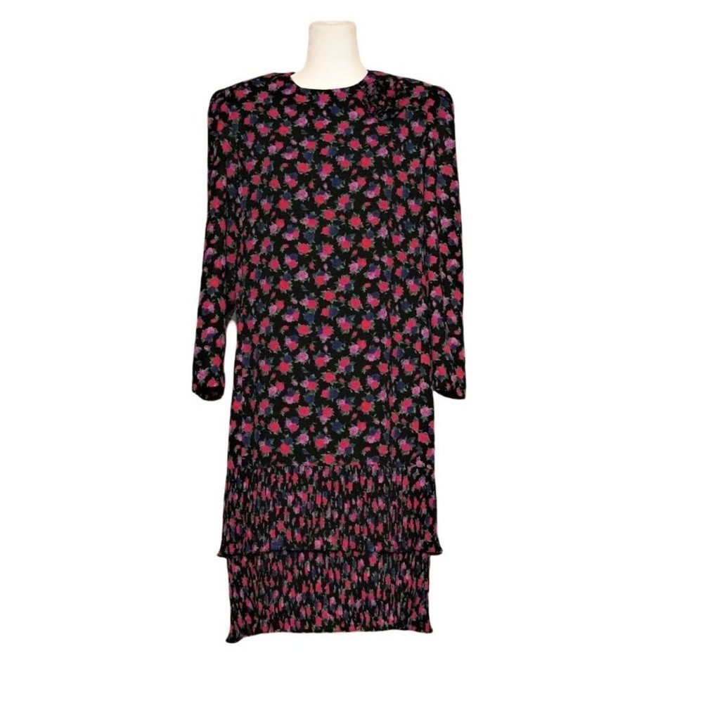 Floral Dress, Flapper Style Shift, Size 14, Rosette Pin, 80s Dress, Pleated Laye